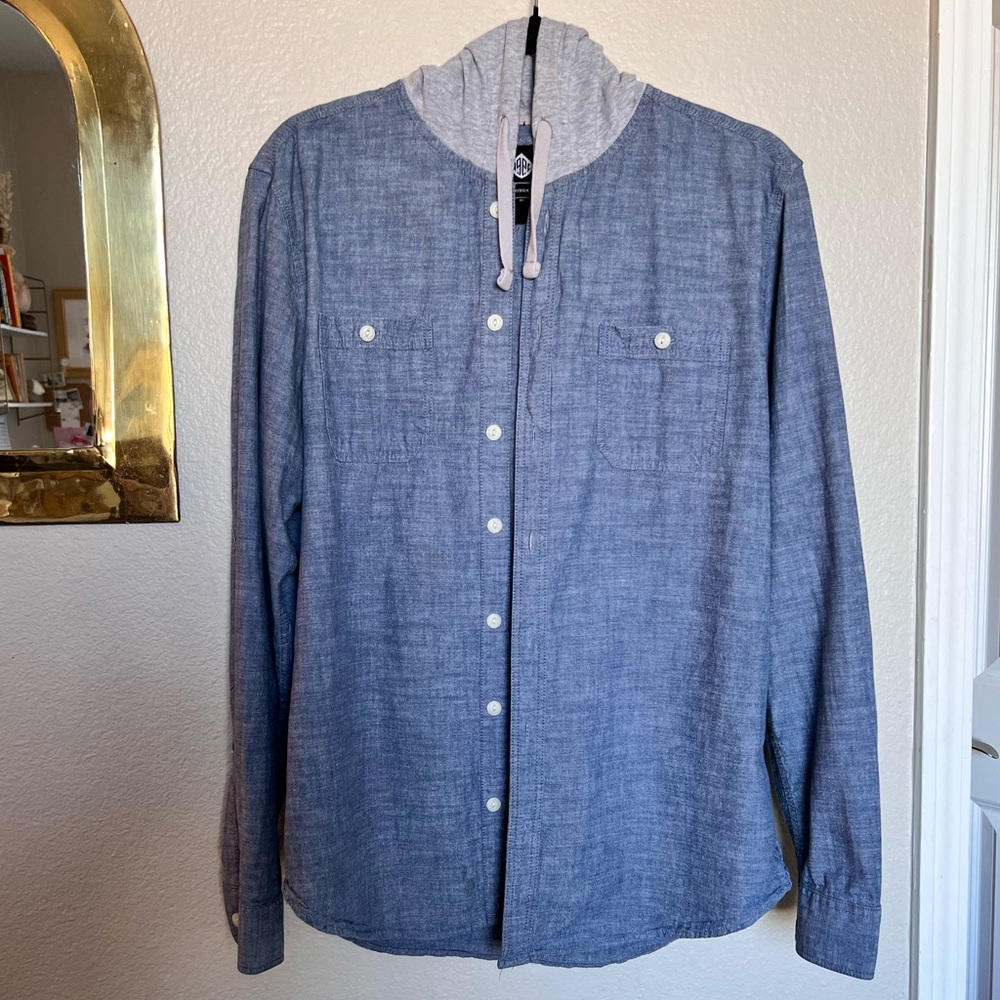 Chambray shacket with grey hood - Button up denim top with front pockets & hood
